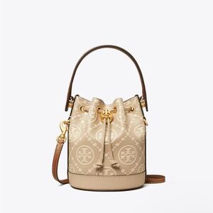 T MONOGRAM CONTRAST-EMBOSSED MINI BUCKET BAG